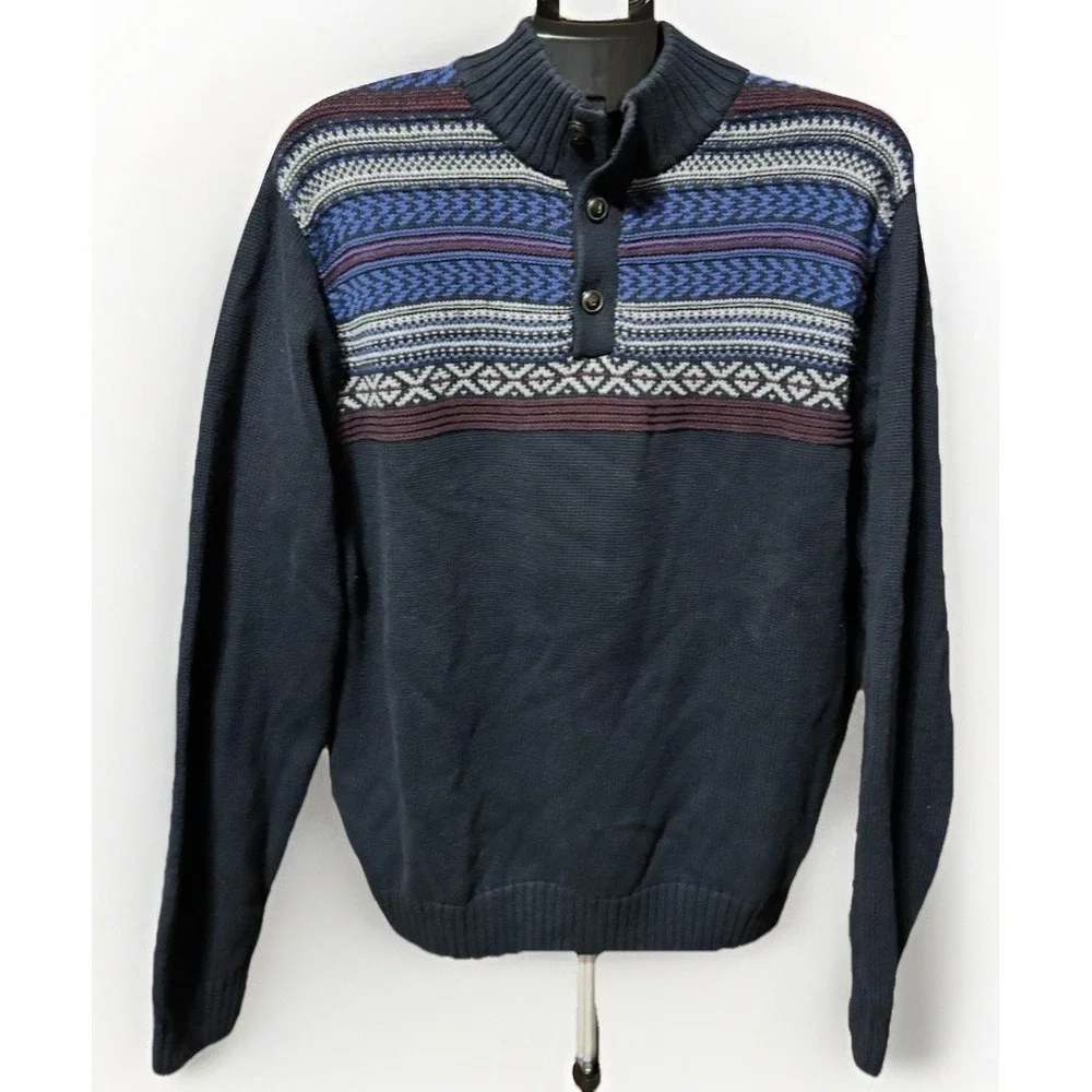 CHAPS Mens Fair Isle Sweater Size XL Blue‎ Henley Pullover 100% Cotton